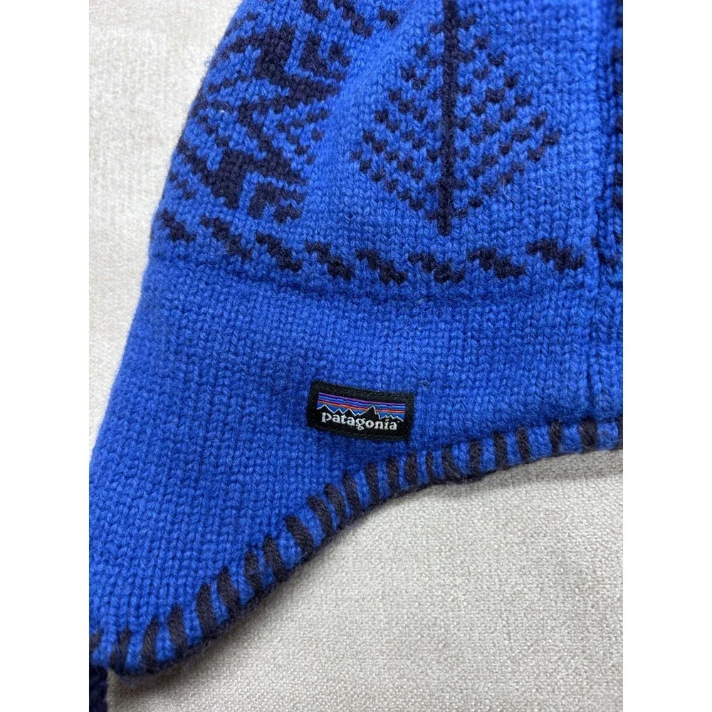 Patagonia Beanie Winter Hat Kids S Blue Wool Knit Ear Flap Fleece Lined Tassel